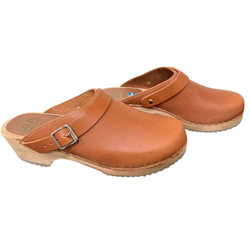 MIA Alma Swedish Wooden Clogs Womens 38 US 7.5 Brown Leather Slingback Mule Shoe